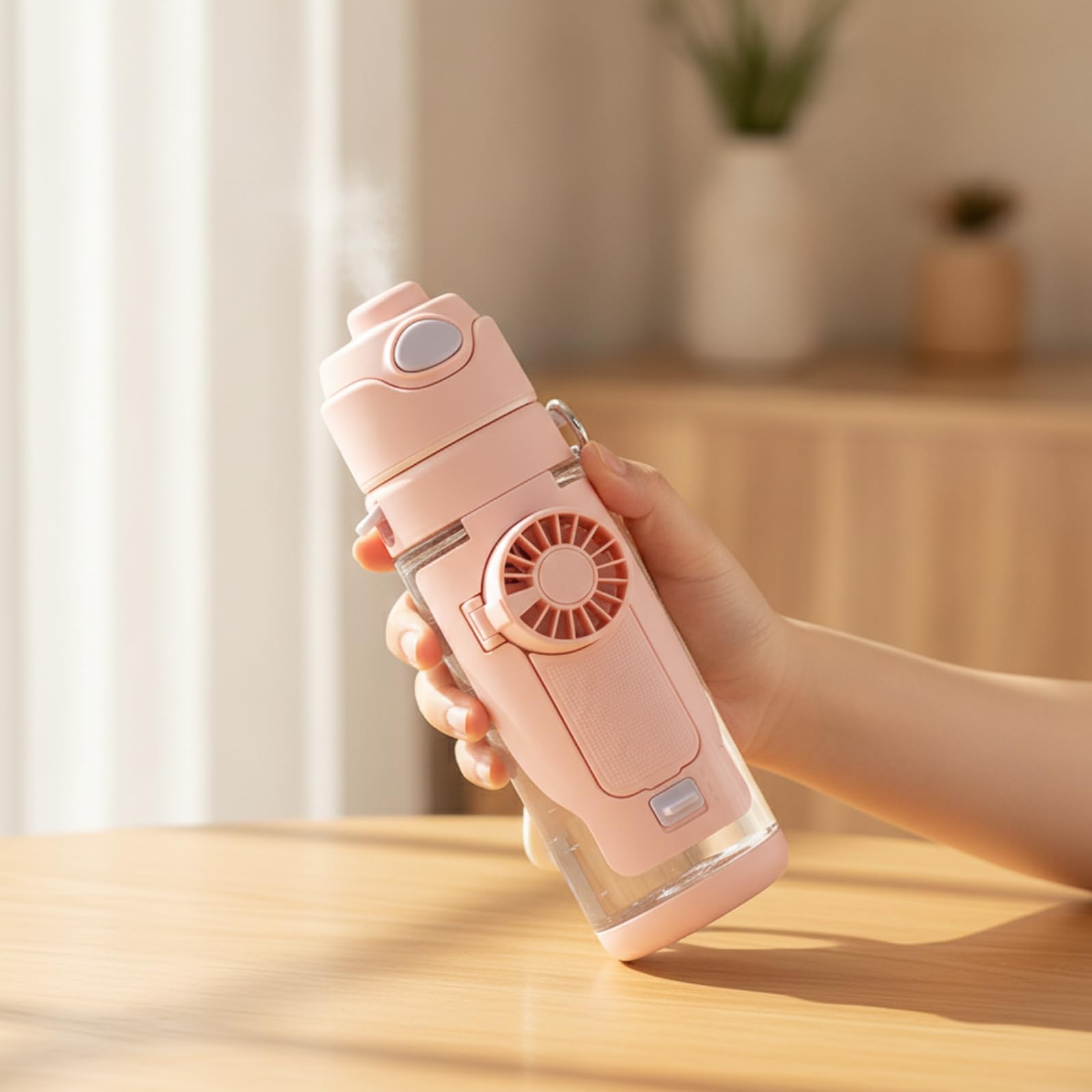 Portable Cooling Bottle Botella Térmica Vaso Cantimplora con Ventilador Tapa Doble de Consumo Correas de Mano y Hombro Adecuado para Verano Oficina Gimnasio Excursiones, Negro