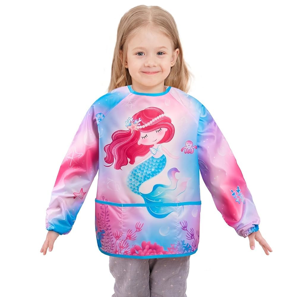 WERNNSAI Kids Art Smock for Girls - Mermaid Kids Aprons Waterproof Toddler Art Painting Smock for Girl 3-6 with Long Sleeve and 3 Pockets Painting Eating Cooking Baking Gardening Apron โ image 1