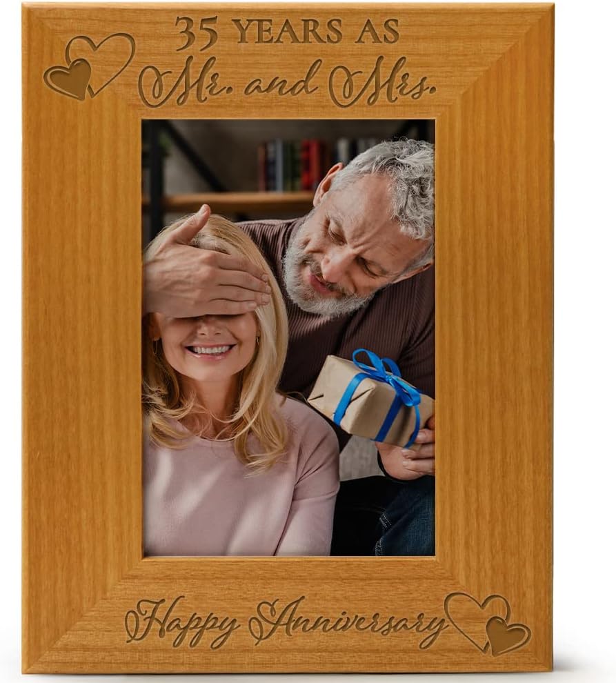 Our 35th Wedding Anniversary Picture Frame - 35 Year Anniversary, 35 Years of Marriage, Engraved Natural Wood Photo Frame Fits a 4x6 Vertical Portrait, Tabletop or Hanging Wedding Picture Frame