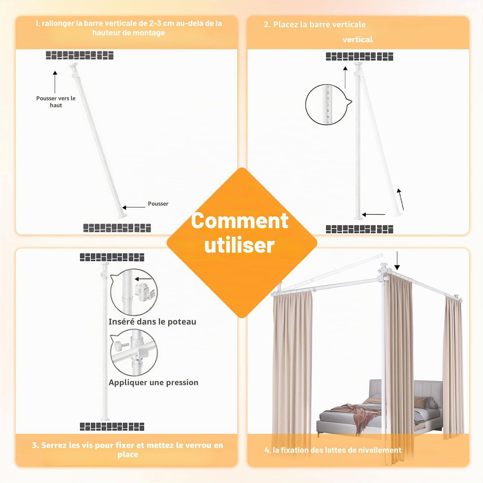 Cloison de séparation - Tringles à rideaux autoportantes sans rideau - Brise-vue pour salon, chambre à coucher ou bureau - 280 x 317 cm (l x H) - Blanc