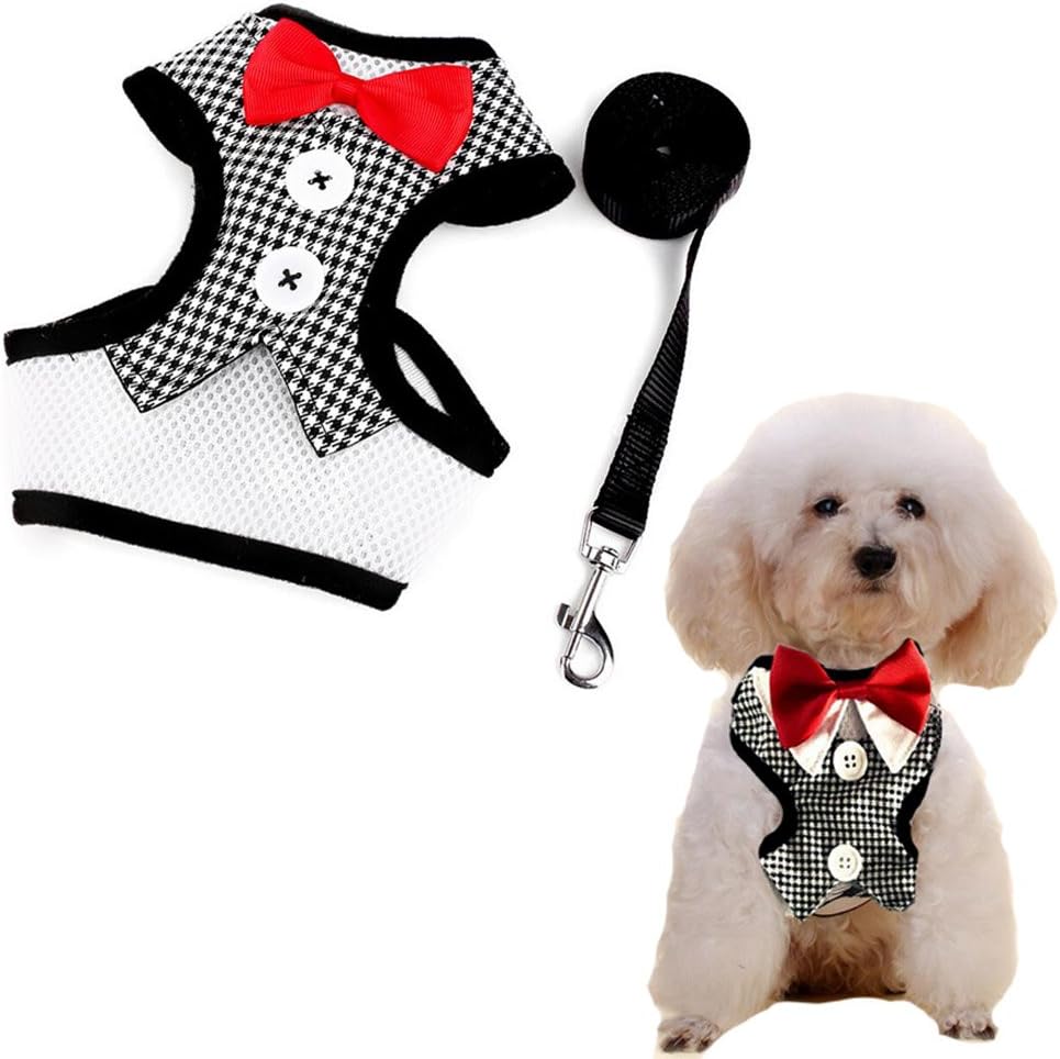 Set of 2 pcs - [Harness + Leash] Pet Costumes Red Bowtie Gentleman Suit Banquet Tuxedo Harness Vest for Small Dog,Cat - Christmas,Xmas,Wedding,Party (HSG-M)