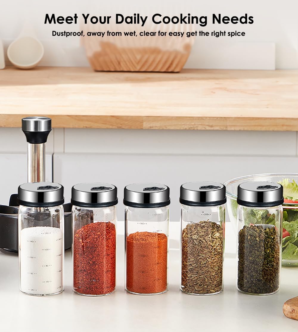 Revolving Spice Rack Organizer, Rotating Seasoning Holder Shelf with 5 Large 200ml Glass Jars for Kitchen Countertop Cabinet