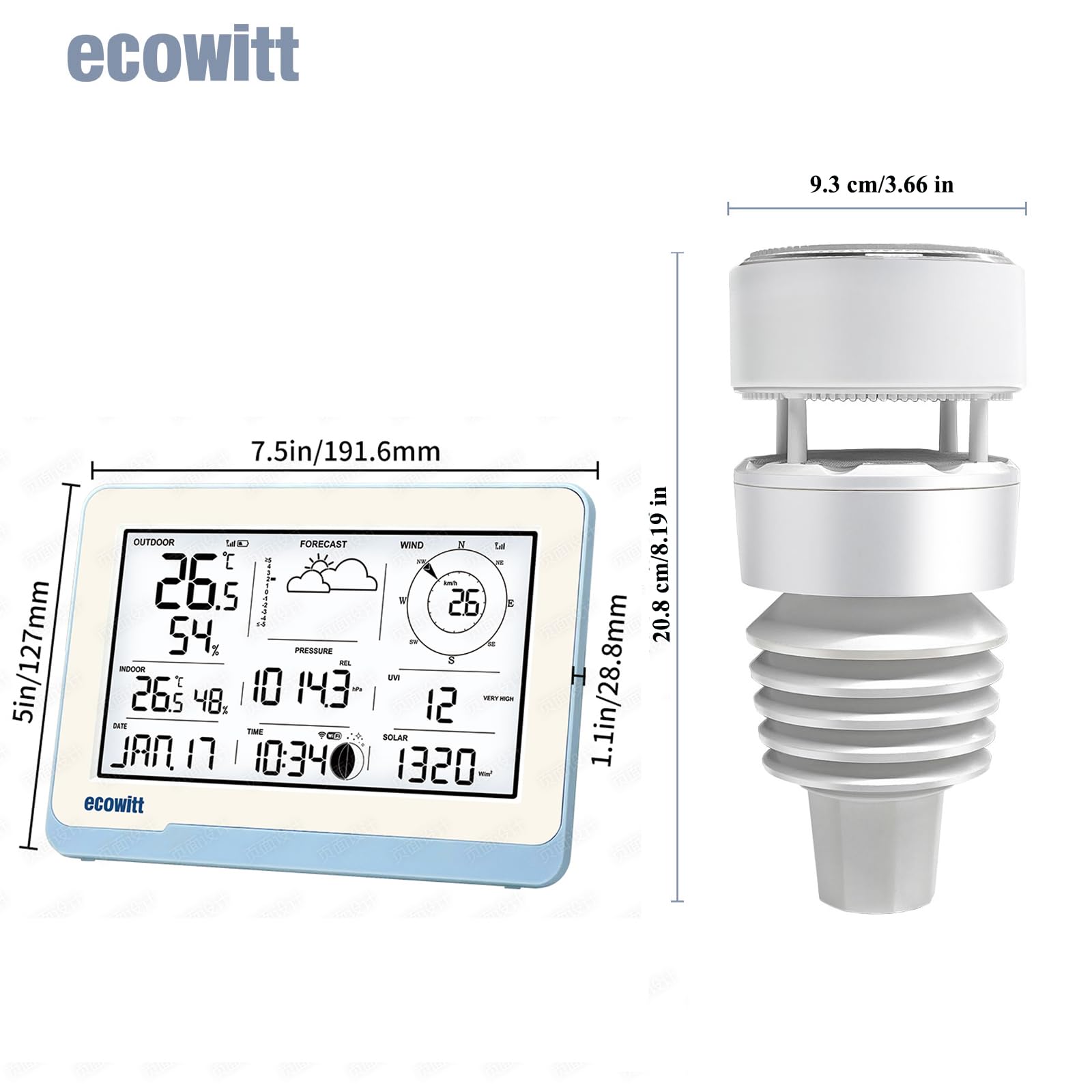 ECOWITT WS3801 estación meteorológica, 7 en 1 sensor inalámbrico al aire libre WS90 con energía solar + 7,5 pulgadas wifi pantalla LCD interior, inteligente IOT enlace de control
