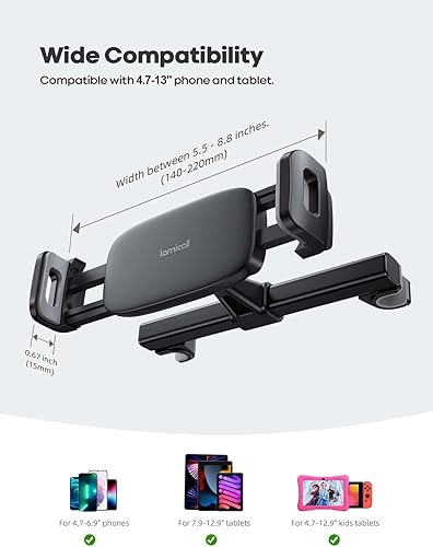 Miniatura 5 de Lamicall Soporte para tablet de automóvil, soporte para tableta con reposacabezas - Soporte de viaje para asiento trasero de automóvil para niños,