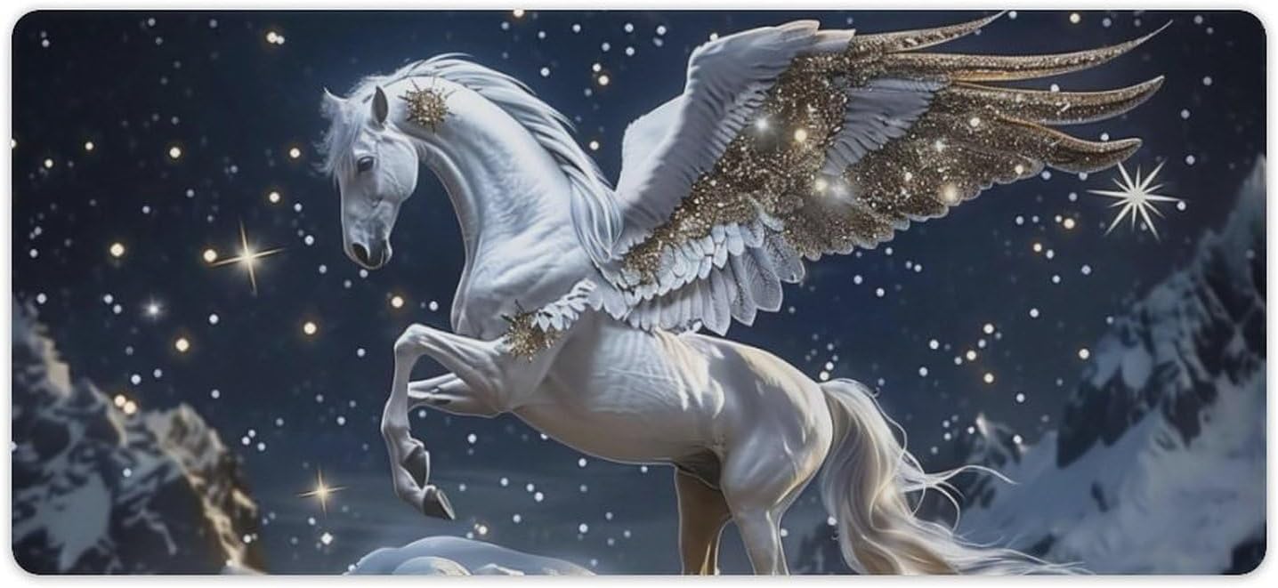 White Horse Large Mouse Pad Gaming Pegasus Fantasy Horse Mousepad Big Aesthetic Animal Desk Mat Extended Keyboard Computer Pad Office Desk Organizers and Accessories 35.4 x 15.7 Inch