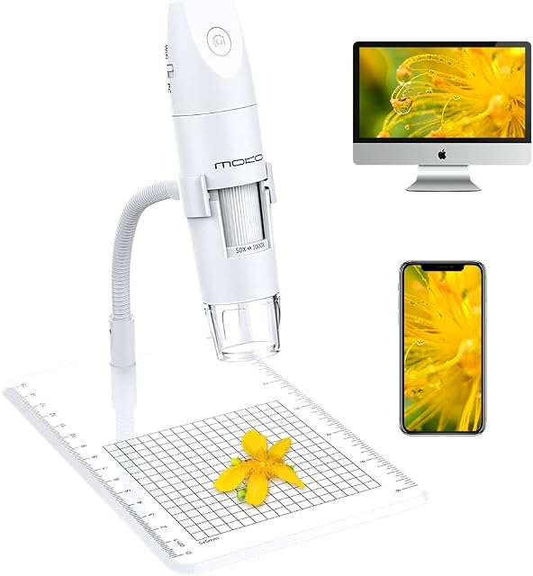 MoKo WiFi USB Digital Microscope, 1080P HD 2MP Camera, 50x to 1000x Magnification Endoscope,Mini lab Handheld Wireless Endoscope 8 LED,Arm Stand Compatible with Mac Window 7 8 10/Android/iOS- White