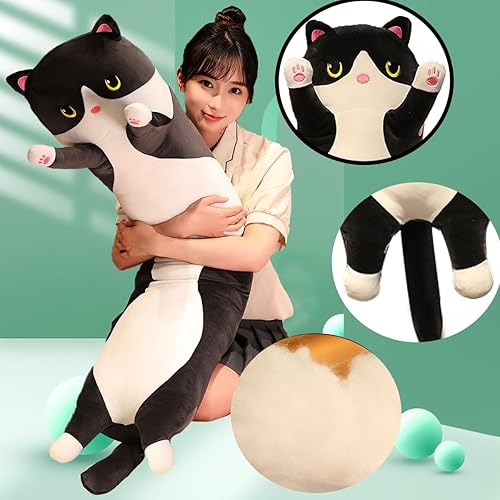 Miniatura 7 de Almohada larga de felpa de gato negro, animales de peluche, almohada suave para dormir, muñeca de juguete de regalo (negro, 18 pulgadas)
