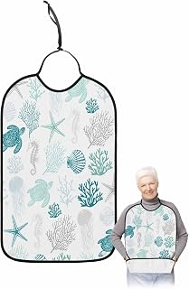 Adult Bibs for Eating, Summer Marine Life Coral Sea Turtle Shell Jellyfish Emerald Green Washable Elderly Adult Bibs for Men Women Reusable Adjustable Clothing Protector with Optional Crumb Catcher