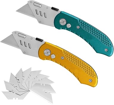 Folding Utility Cutter Knife 2 Pack, with 10-Pack Box Cutter Blades, Safely Lock-Back Design, Portable Belt Clip Design, Great Gifts for Men Husband Boyfriend