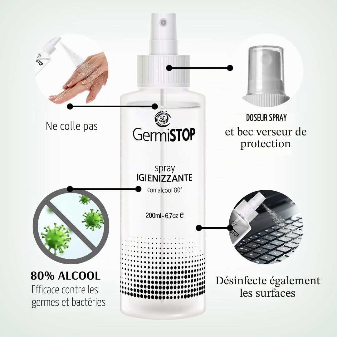 Désinfectant mains 10 x 200 ml avec alcool 80 % et glycérine, spray désinfectant pour surfaces avec formule potentialisée