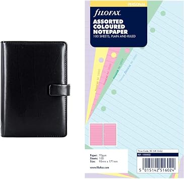 Filofax Personal Metropol black organiser & Personal Assorted Coloured Notepaper Plain and Ruled Value Pack