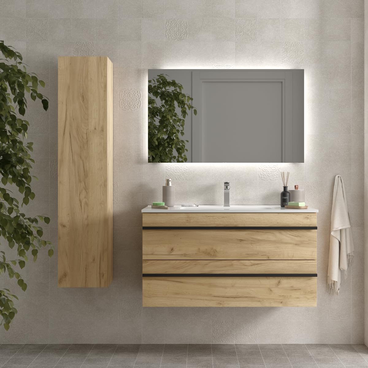 Salgar Mueble de baño Born 100 cm 100% montado de fábrica Acabado Roble suspendido 2 cajones Cierre amortiguado Apertura Tirador Perfil Lavabo Porcelana Blanca Marca, 97957