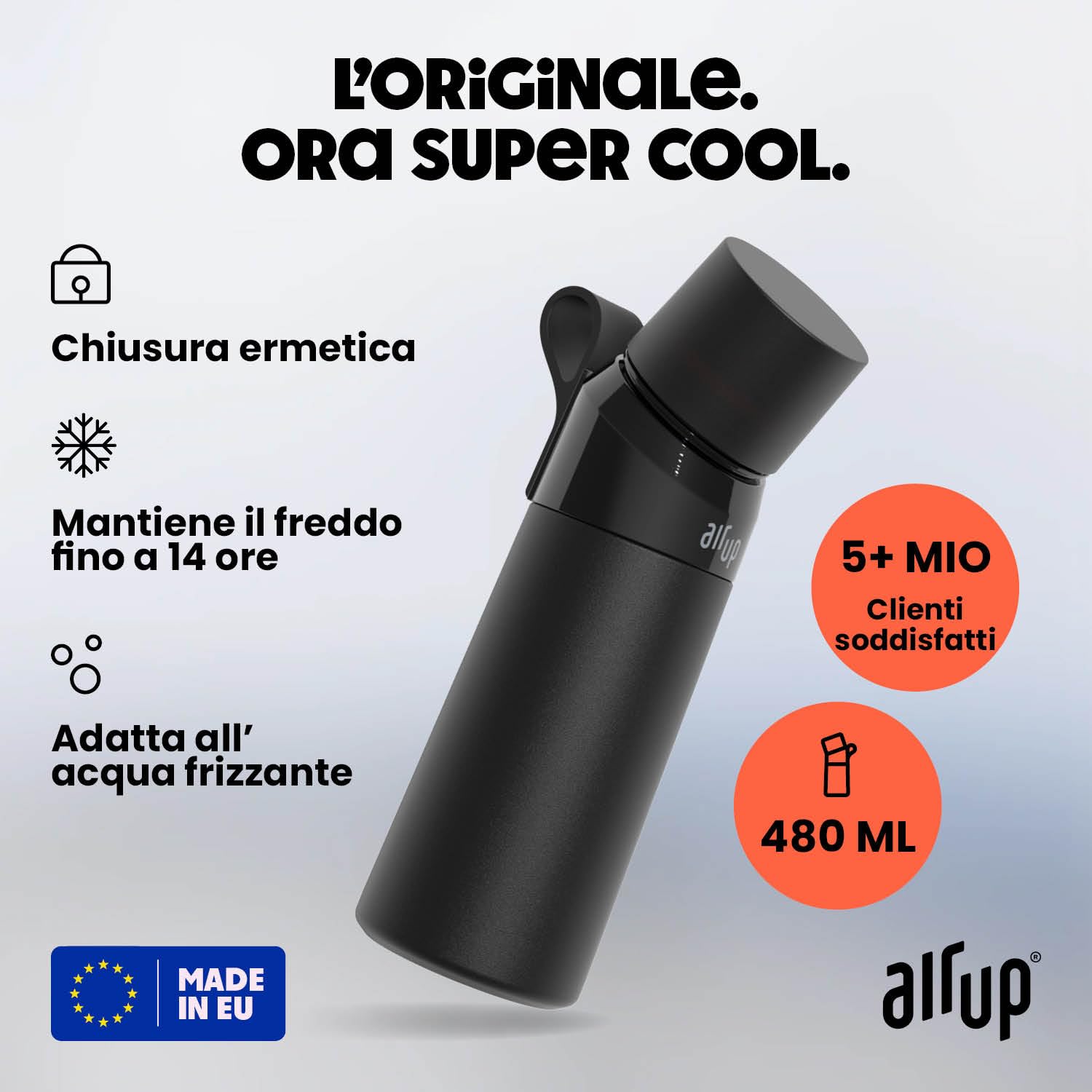 AIR UP® Borraccia Twist Pro Steel in acciaio inox Starter Set Originale, incl. pod aromatizzati in 5 gusti senza zucchero I Borraccia termica 480 ml, mantiene il freddo per 14h, tappo ermetico I Nero