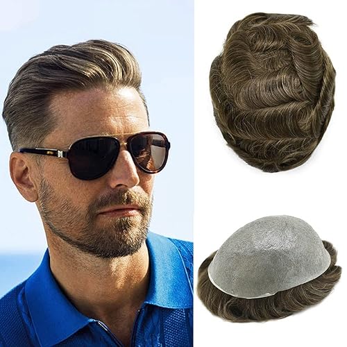 Miniatura 1 de Tupé para hombre, sistemas de reemplazo de cabello humano Remy, 0.002 in, piel fina, tupé para hombres, todos los trazos en V para hombres, protesis