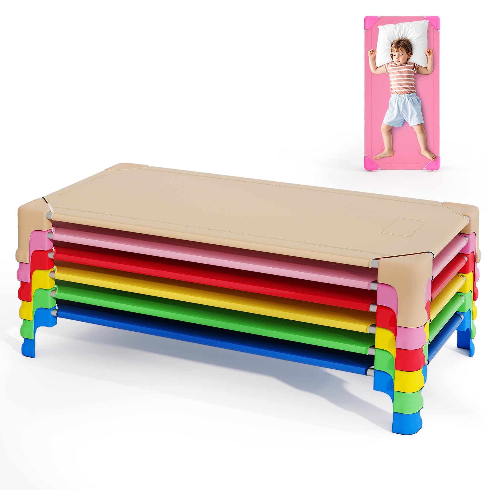 Giantex Stackable Daycare Cots for Sleeping, 53" L x 24" W Portable Nap Cots for Kids and Toddlers w/Easy Lift Corners, Space-Saving Toddler Bed for Preschool Classroom Pet Daycare, Pack of 6, Multi
