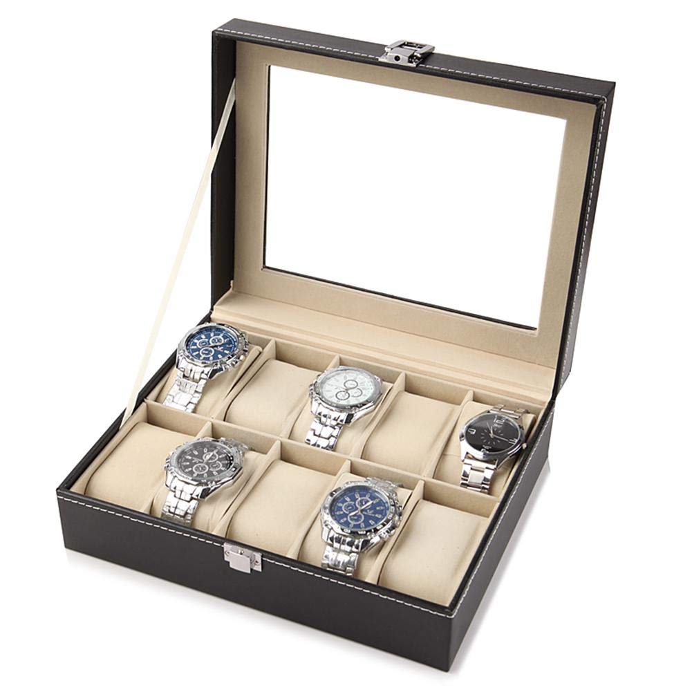 Caja de reloj con tapa, estuche para 10 relojes, caja de reloj Funda de cuero PU para reloj de hombre - negro, 25 * 20 * 8 cm