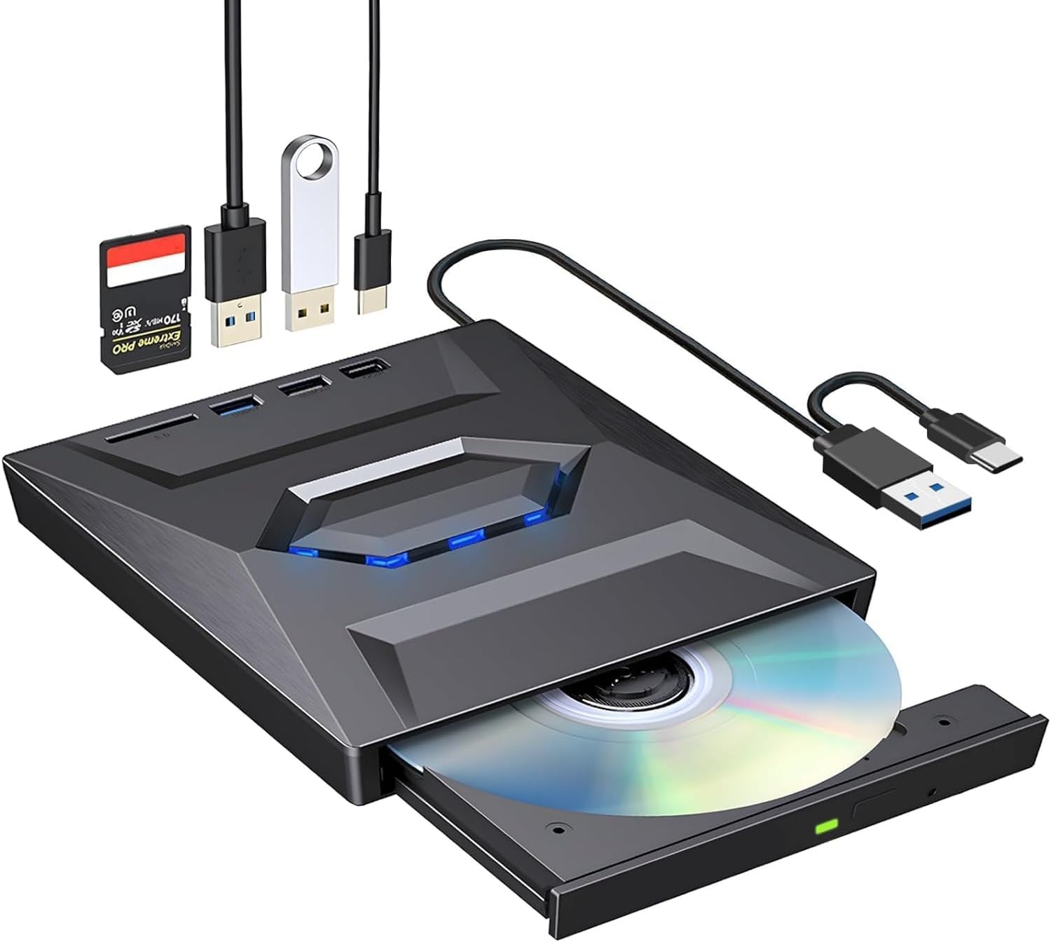 CLUSPEX External CD DVD Drive CD/DVD-ROM Burner Player with USB 3.0/2.0/ USB-C/SD Card Reader, Portable CD/DVD ROM +/-RW Optical Disc Drive for Laptop PC Mac Windows 11/10/8/7 Linux Computer-image-49