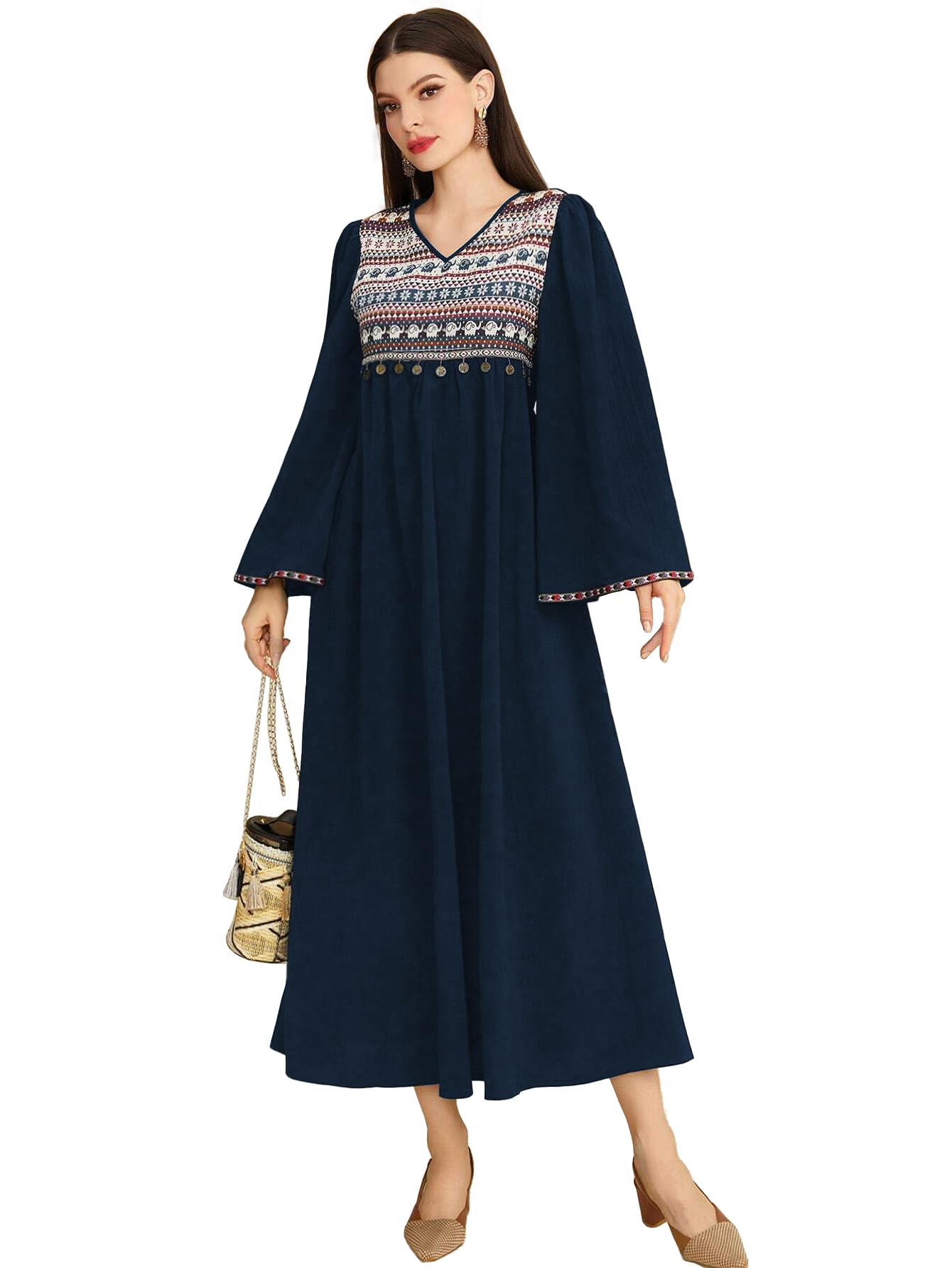 Tadkee Women's Geometric Pattern V-Neck Bell Sleeve One Piece Dress (Fn-V-Flared-One-Piece-126-Teal-S)