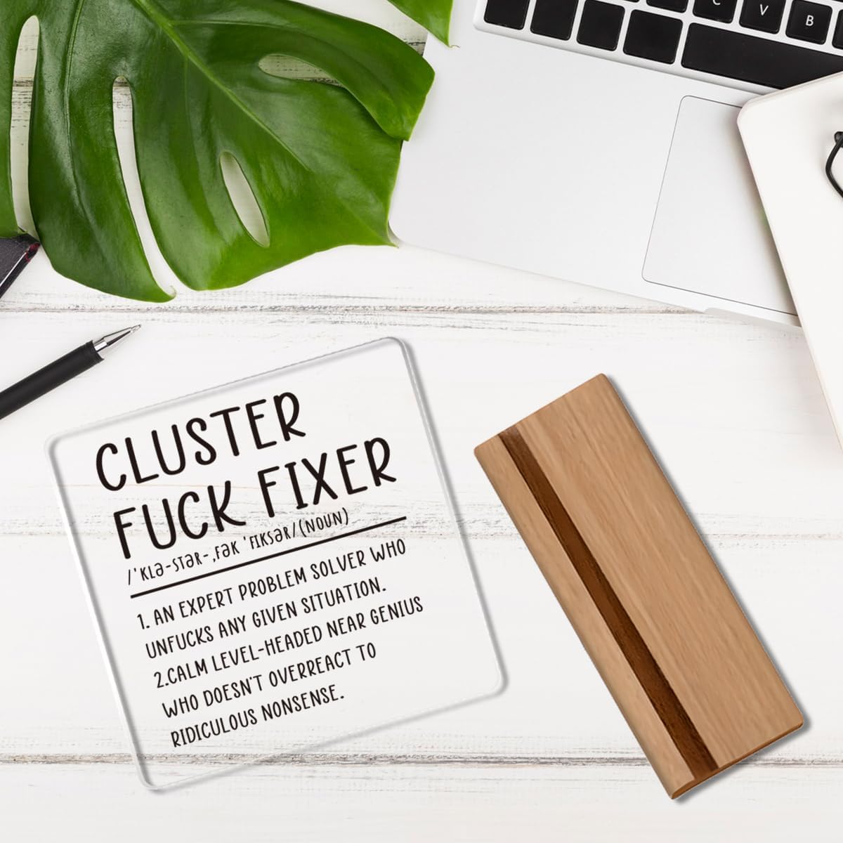 HTBIG Cluster Fuck Gifts Office Decor Coworker Gifts Fixer Acrylic Desk Plaque Sign with Wood Stand Home Office Desk Sign image 4