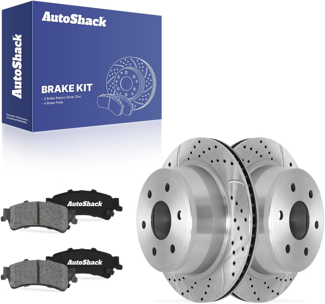AutoShack Rear Brake Rotors & Ceramic Pads for Chevrolet, Silverado 1500 1999-2006 - Silver Zinc Coated Drilled & Slotted - SilverShield Pro - 12.8" (325 mm), 6-Lug