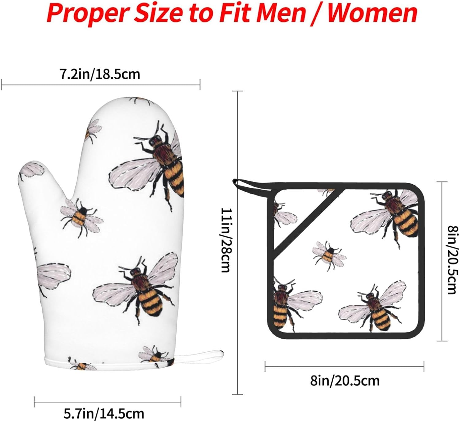 Funny Bees Oven Mitts and Pot Holders Set of 4 Heat Resistant Kitchen Gloves with Silicone Palm Hot Pads for Baking Cooking Grilling BBQ