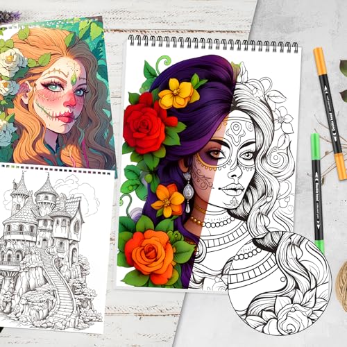 Image of 3Pcs Coloring Book for Women Relaxation, 72 Patterns Spiral Bound Mindfulness Coloring Books for Adult with 36 Dual-tip Markers, Dual Markers Brush Pens Stocking Stuffers, Anxiety Relief Gifts