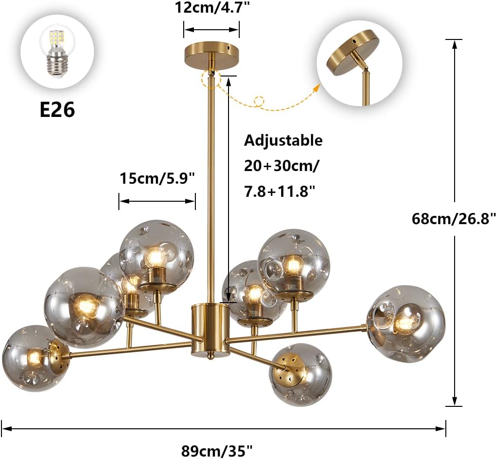 BOKT Mid Century Brushed Brass Chandelier Modern 8-Lights Gold Globe Sputnik Chandelier Unique Smoke Gray Glass Ball Chandelier Pendant Light Gold Large Flush Mount Ceiling Light