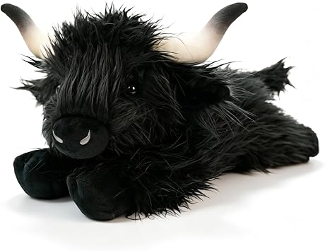 13.4in Highland Cow Stuffed Animal, Realistic Lying Highland Cow Fluffy Plush Toy, Soft Cuddle Birthday Gifts for Boys Girls Kids Toddlers Black
