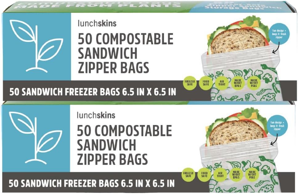 LunchSkins Ziptop Home Compostable & Resealable Freezer-Safe Food Storage Bags, Sandwich Size, 100 Bags - Eco-Friendly, Made Without PFAS and BPAS