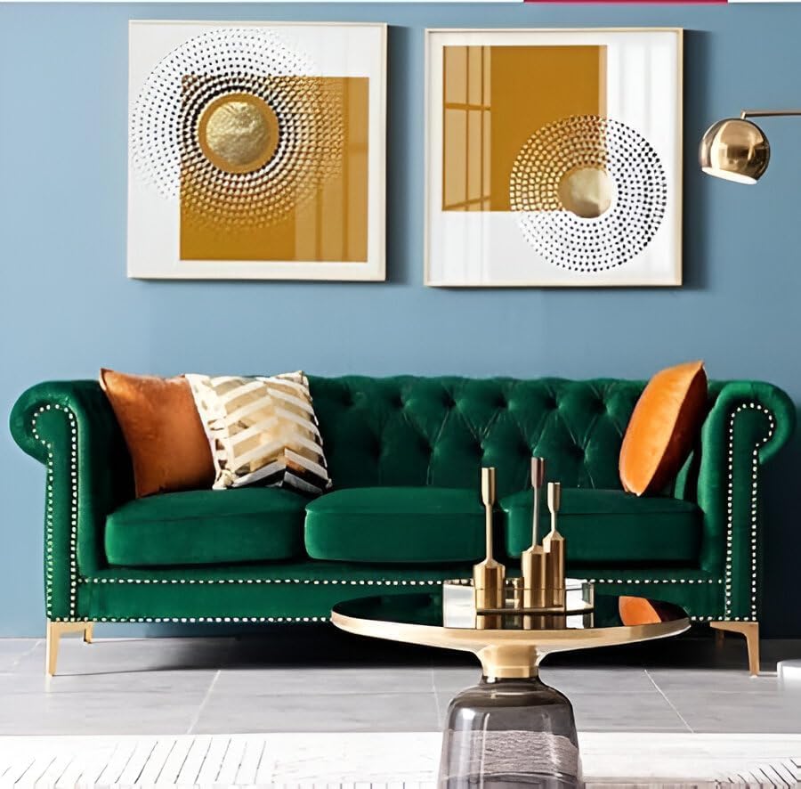 Image of Chesterfield Velvet Upholstery 3-Seater with Armchair and Footrest, Design in 3+1+Footrest Sofa for Living Room, Bedroom, Hallways (Green)