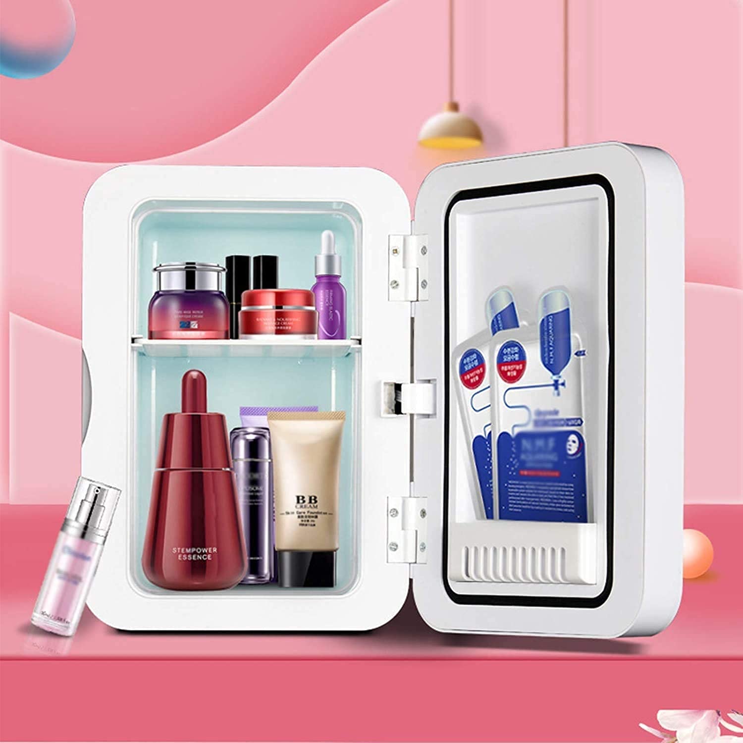 Mini refrigerador, refrigerador cosmético portátil de 8 l, Panel de Vidrio e iluminación LED, refrigerador Enfriador/Calentador, Utilizado para Maquillaje y Cuidado de la Piel, también se PU