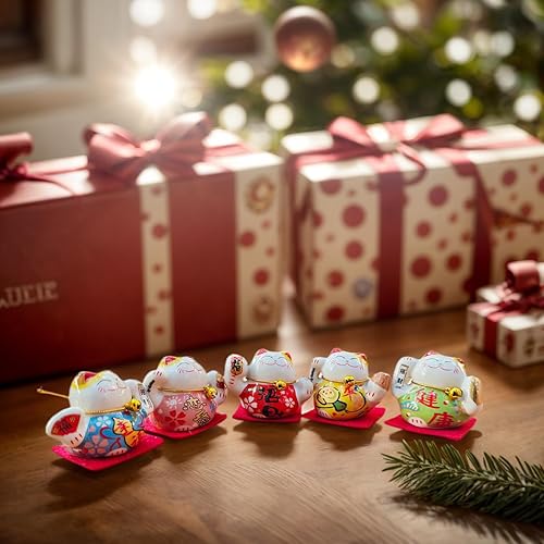 Miniatura 7 de Lucky Statue - Juego de figuras de cerámica china de gato, 5 mini gatos de la fortuna, adorno de escritorio pequeño, colección de ideas asiáticas