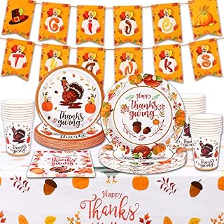 Forfamy Thanksgiving Party Tableware Set Thanksgiving Maple Party Decorations Thanksgiving Plates Cups Napkins for Thanksgiving Day Party Decoration for 16 Guests