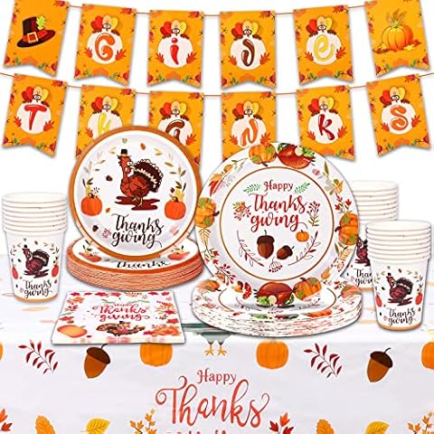 Forfamy Thanksgiving Party Tableware Set Thanksgiving Maple Party Decorations Thanksgiving Plates Cups Napkins for Thanksgiving Day Party Decoration for 16 Guests Cover