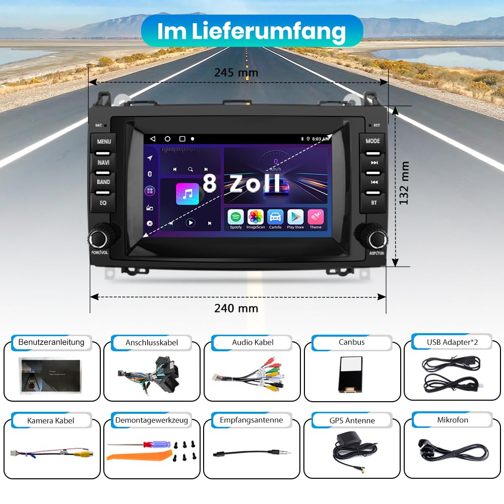 Junsun Autoradio für Mercedes A-Class W169 B-Class W245 Viano Vito W639 Sprinter W906 | Android 12 | 8 Zoll Touchscreen | 2GB RAM + 32GB ROM | CarPlay & Android Auto | Bluetooth