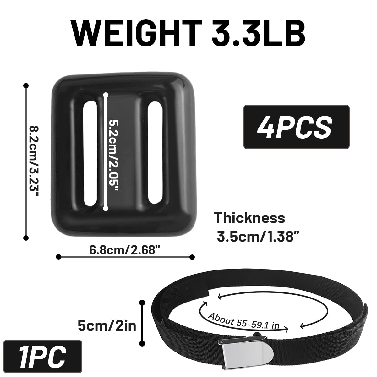 4 Stück 1,5 kg Tauchgewichtsgürtel, Tauchgewichtsgürtel mit Metallblockschnalle, beschichtete Tauchgewichte, Nylon-Tauchgürtel, geeignet für Freitauchen