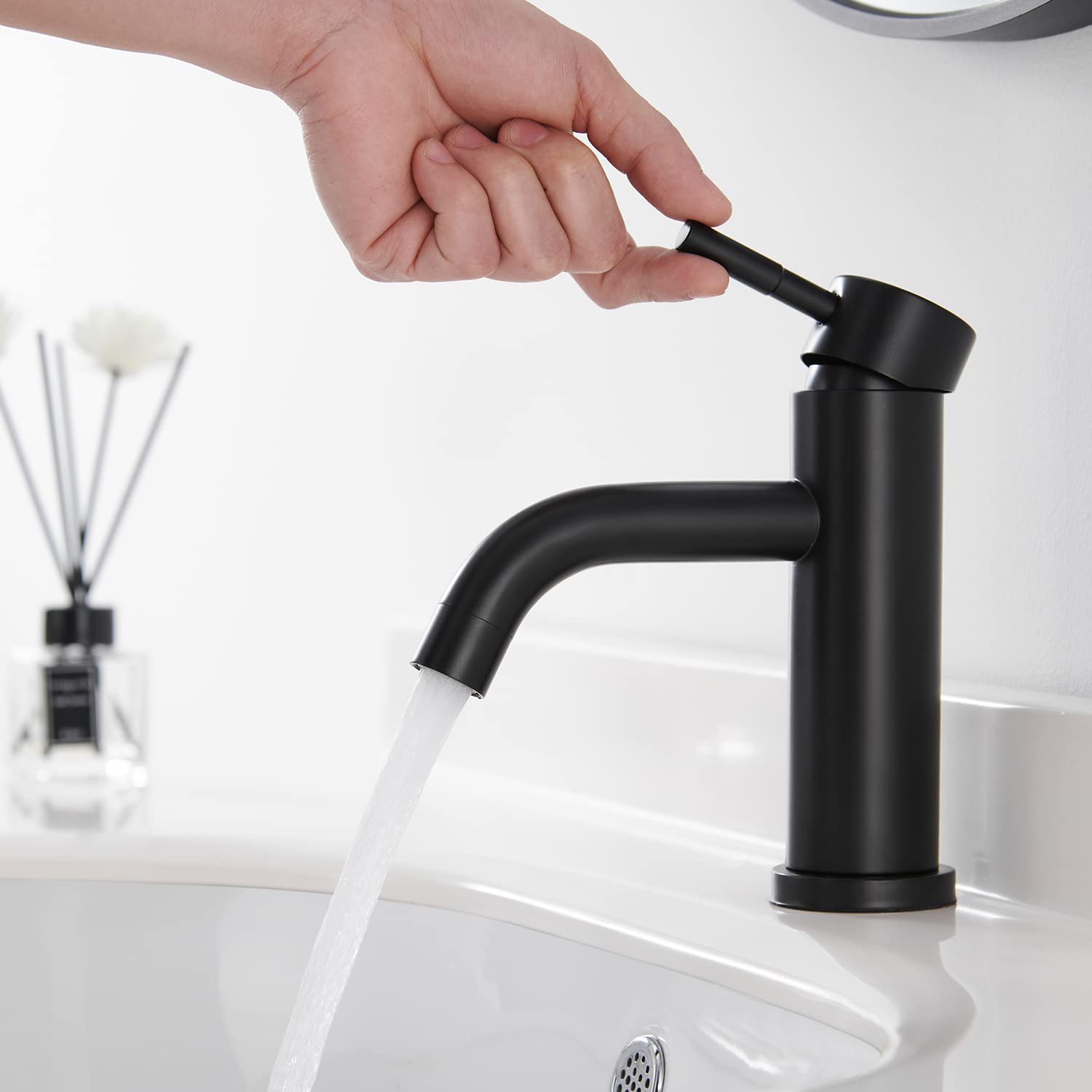 GORDEE Bathroom Sink Water Tap Faucet Single Handle One Hole Lead Free Stainless Steel Lavatory Vanity Faucet for Laundry Washbasin, US/CA Standard 1.2 GPM, Round Tube, Matte Black