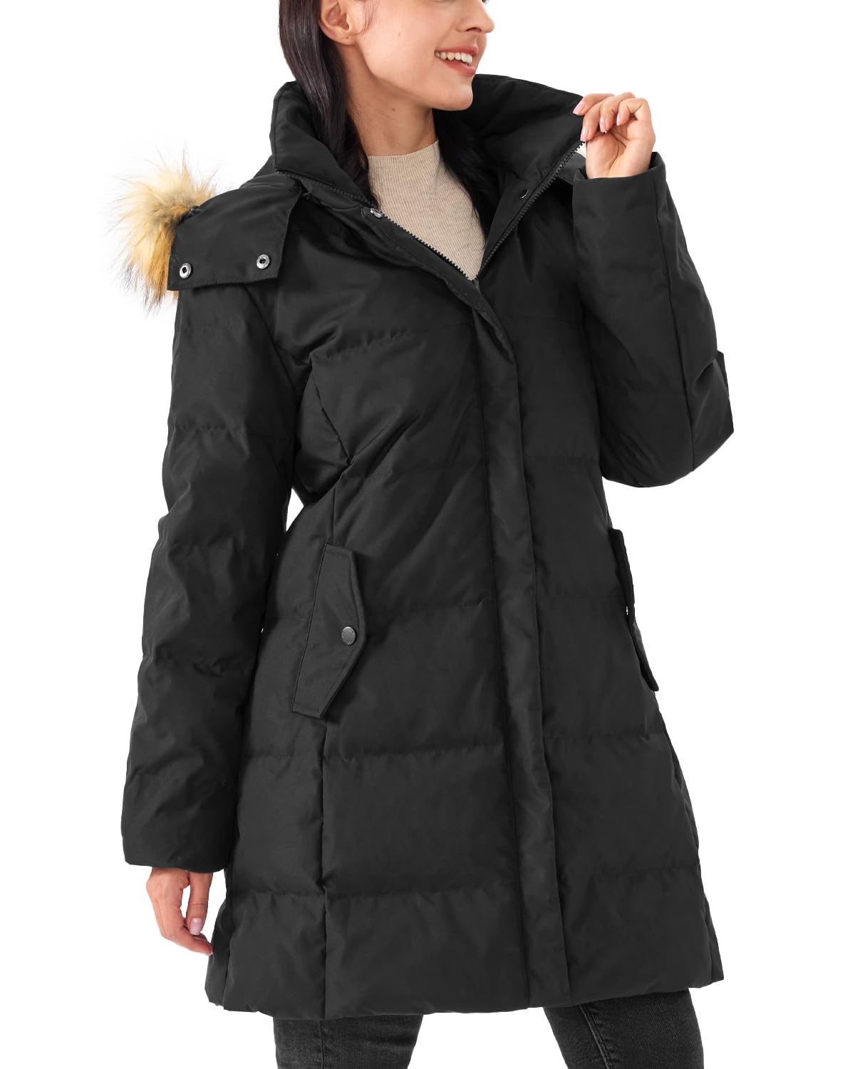PUREPEAR Women's Long Thicken Puffer Jacket Warm Coat with Faux Fur Removable Hood