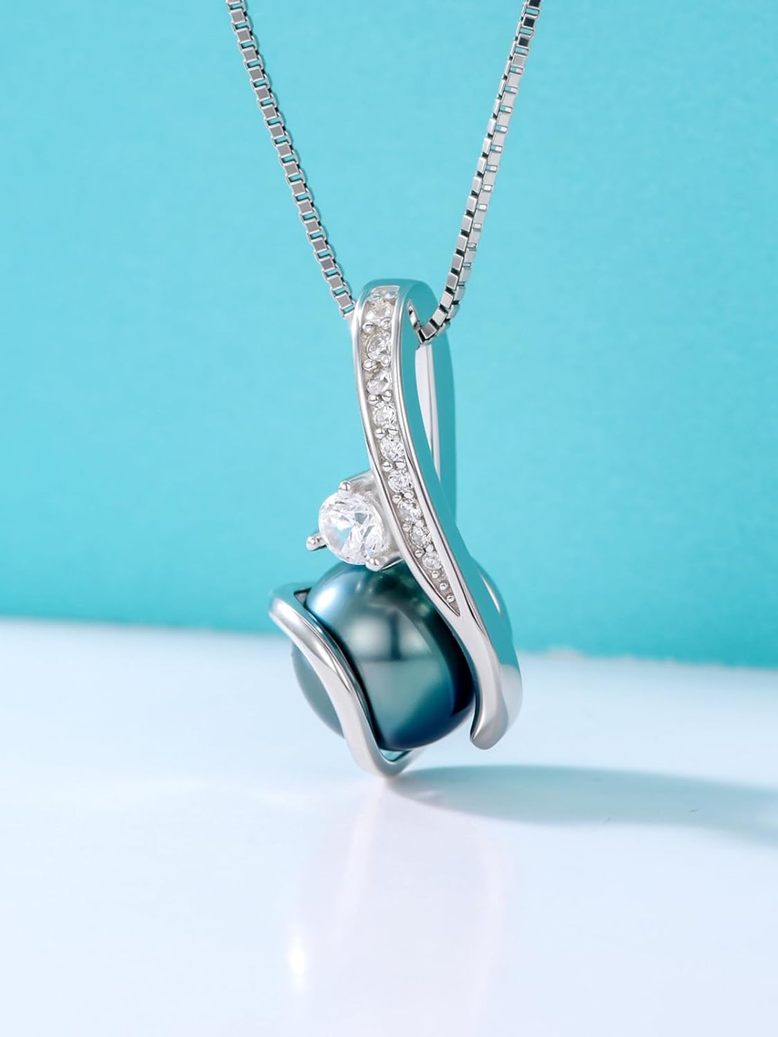 Tahitian Black Pearl AAAA 18K White Gold Plated Sterling Silver Pendant Necklace for Women Wife Mom Girlfriend Valentine Her Jewelry Gift for Anniversary Birthday Christmas - Image 2