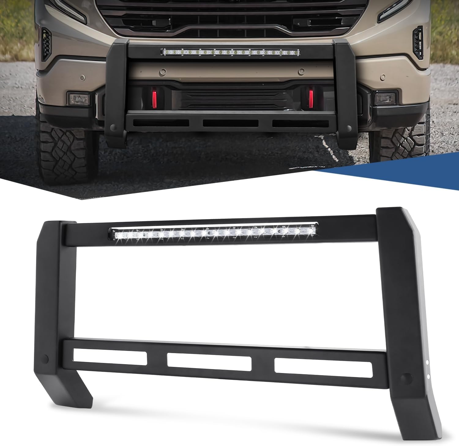 Auto Dynasty - Front Bumper Modular Bull Bar Brush Grille Guard with LED Light Bar and License Plate Mounting Bracket Compatible with Silverado Sierra 1500 2019-2024, Carbon Steel, Textured Black