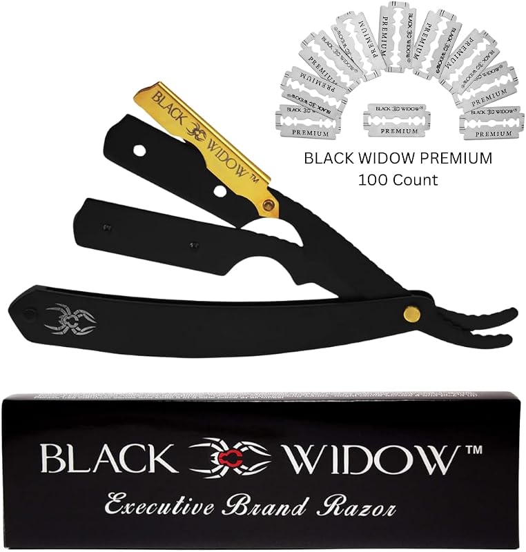 Navalha BLACK WIDOW Gold e Preto Fosco com Lâminas de Barbear, Pacote com 100
