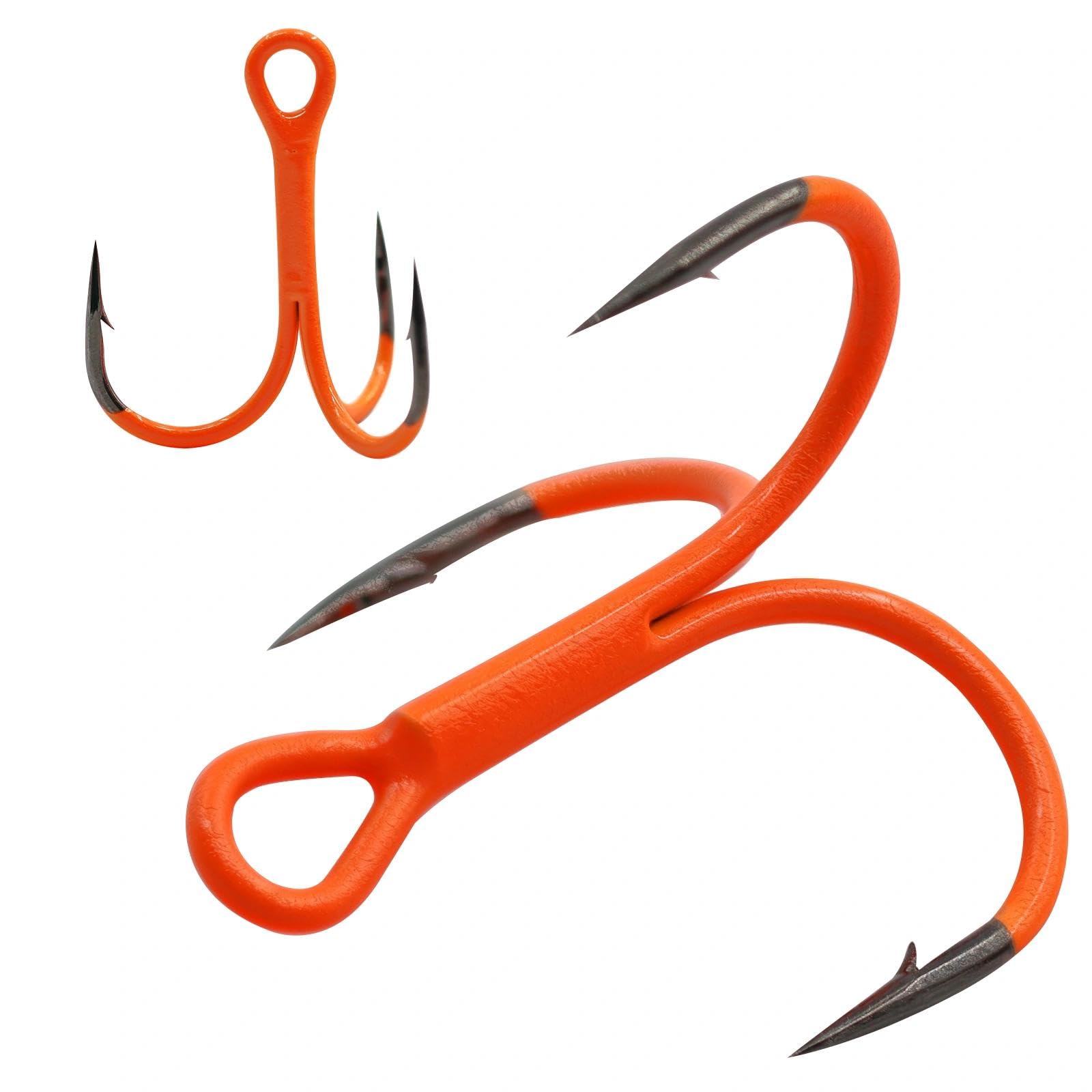 9KM DWLIFE Treble Fishing Hooks 10pcs High Carbon Steel Triple Hooks with Orange Ultraviolet Coating Sharp Barbs Hard Lures Freshwater Size6#