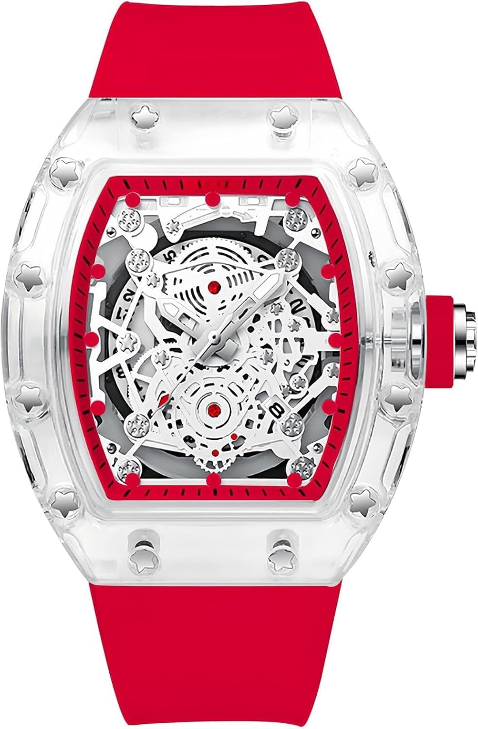 Unique Hollowed Skeleton Analog, Watches for Men Fashion Tonneau Water Resistant, Sports Transparent Business Silicone Strap with Shock Resistant — view 8