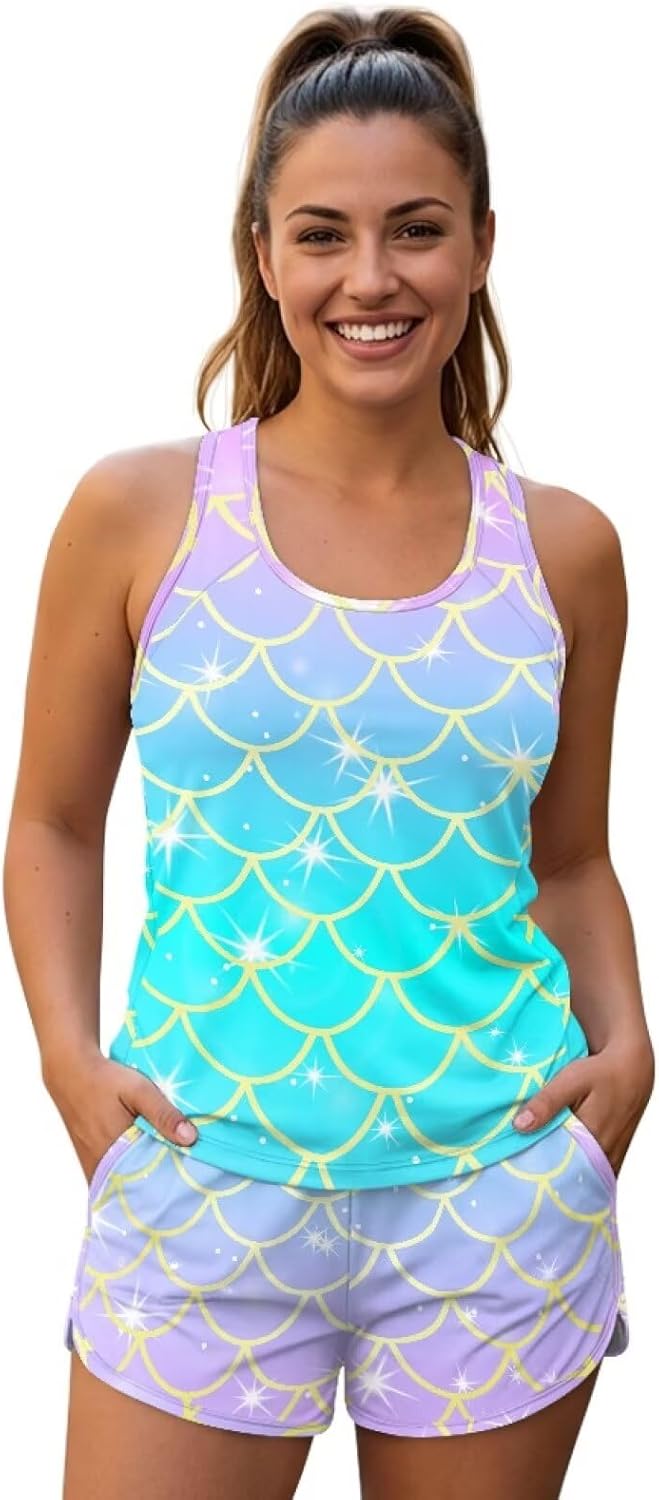 Tankini Swimsuits for Women Tummy Control Two Piece Modest Bathing Suit Swim Tank Top with Pockets Shorts Swimwear