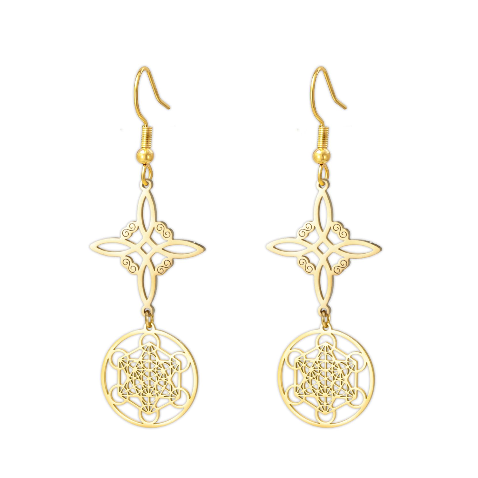 Metatron-Würfel Hexen-Knoten-Ohrringe Keltische Triquetra Dreifaltigkeit Nudo De Bruja Heilige Geometrie Wicca-Siegel des Erzengels Talisman-Schmuck Irische Geschenke für Frauen