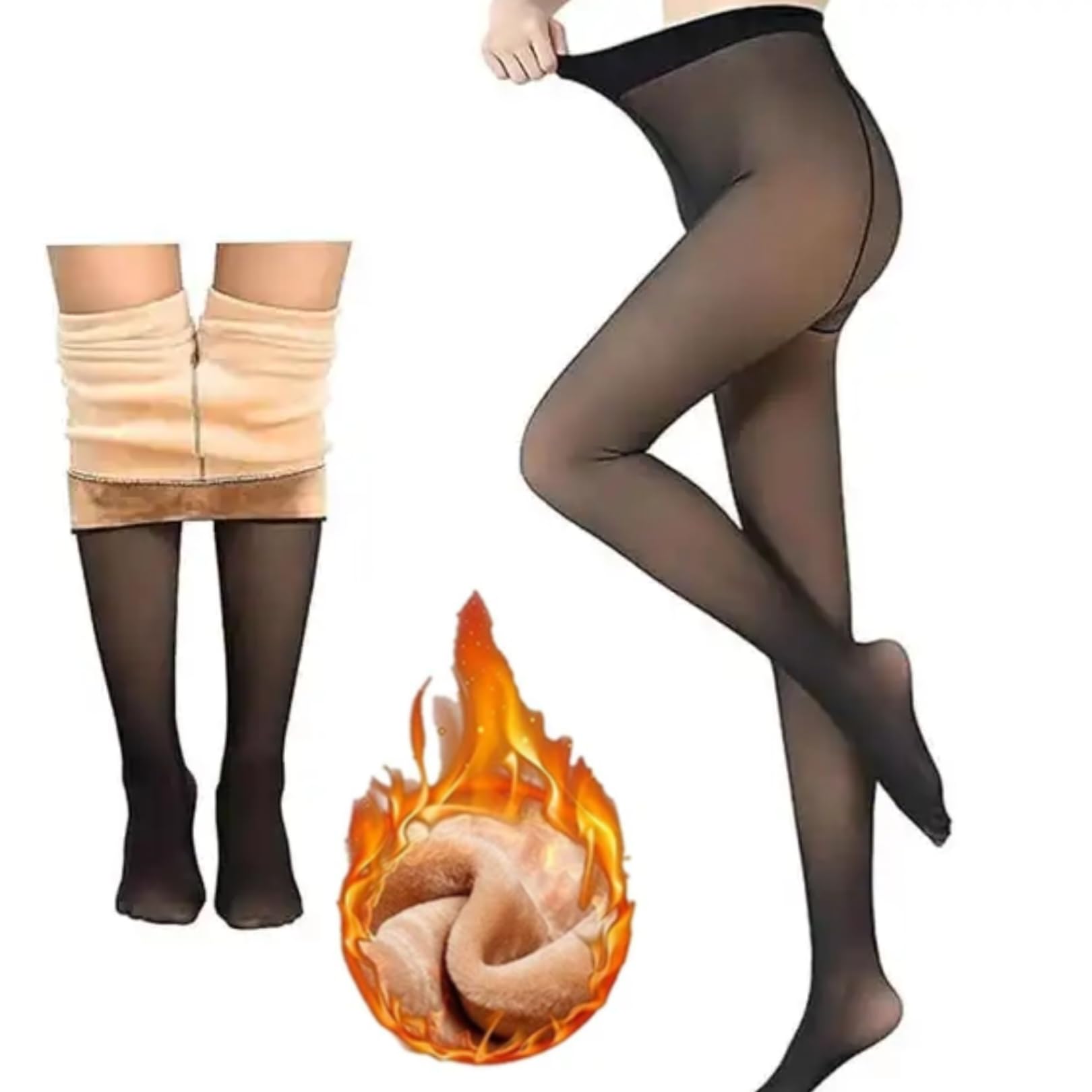 Winter Fleece Leggings for Women - Thick, Super Warm & Soft Fake Translucent Woolen Fur Thigh-High Tights, Thermal Sheer Jeggings for Cold Weather (Size- 26-34, Black/Skin)