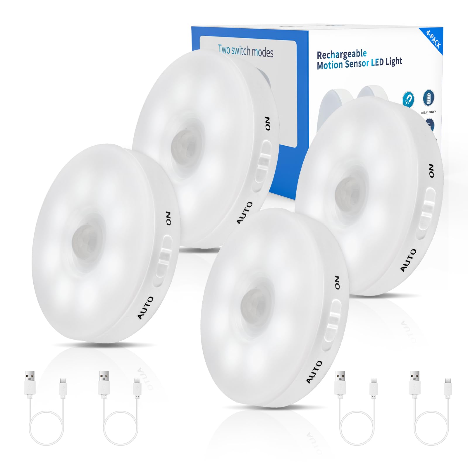 Luce LED ricaricabile con sensore di movimento per interni, batteria luminosa e di lunga durata, luci notturne adesive per armadio, armadio, cucina, corridoio, scale, confezione da 4