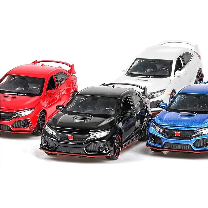 Image of PINQUE Kids New Car 1:32 Civic Type R Diecast Alloy Metal Pull Back Car with Openable Doors Music Sound and Light Vehicle Toy Car for Boys (Black)