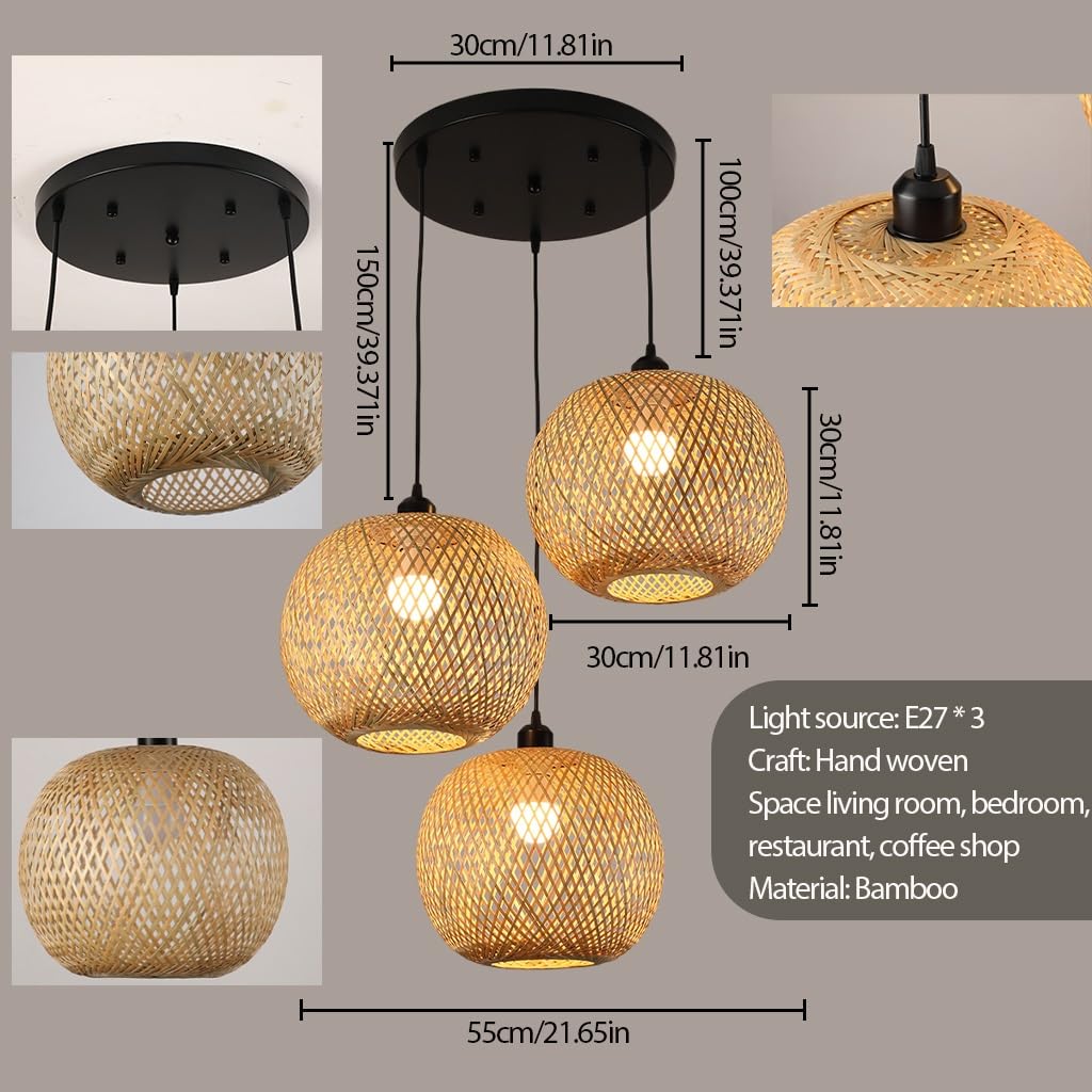 Lampada A Sospensione Di Bambù Di Salice Naturale Vintage Base Nera Tre Luci A Sospensione E27 * 3 Bambù Vine Shade Ristorante Di Bambù Lampade Di Bambù Cucina, Soggiorno, Caffè, Bar