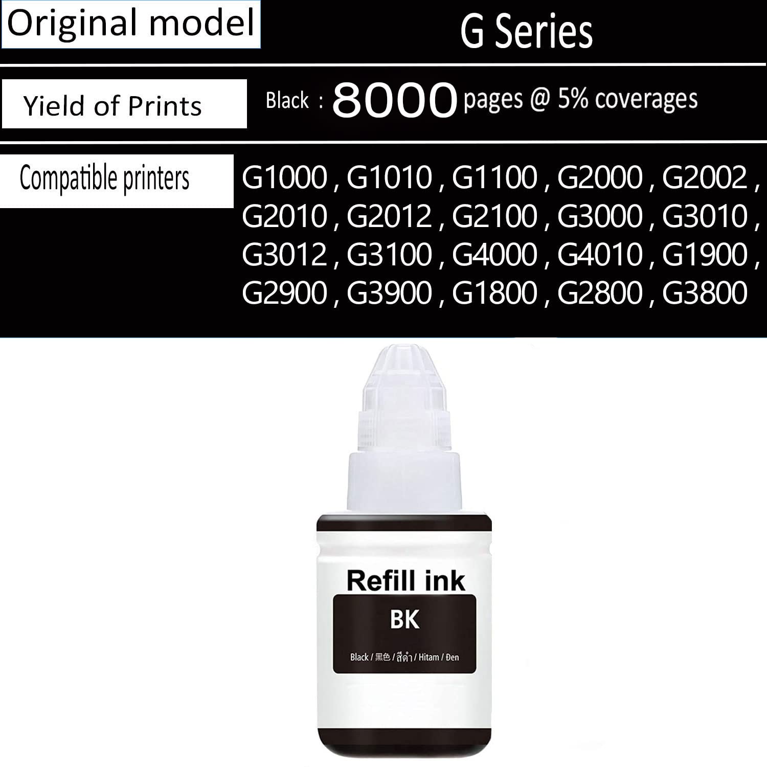 RC PRINT GI 790 Ink for Canon G1000, G1010, G1100, G2000, G2002, G2010, G2012, G2100, G3000, G3010, G3012, G3100, G4000, G4010, Pack of 1 Black 135ml
